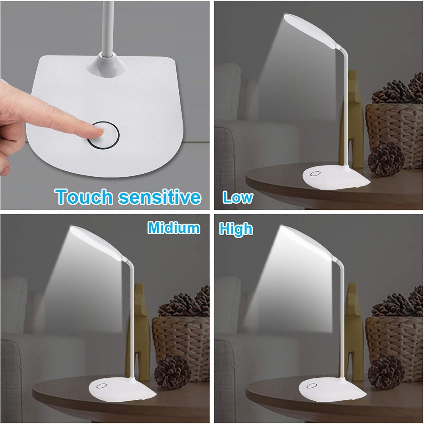 DEEPLITE LED Desk Lamp with Flexible Gooseneck 3 Level Brightness, Battery Operated Table Lamp 5W Touch Control, Compact Portable lamp for Dorm Study Office Bedroom( Set of 2),Plastic White 2Pack