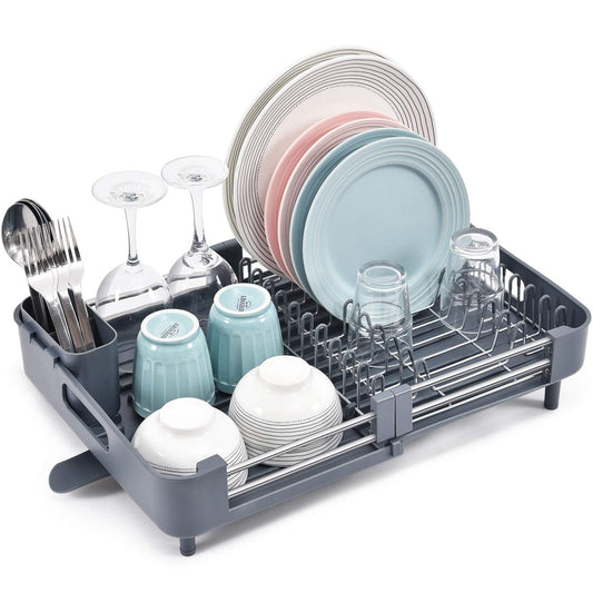 kingrack Extendable Dish Draining Rack, Stainless Steel, Foldable Dish Draining Rack with Removable Cutlery Holder and Anti-Scratch Holder, Adjustable Dish Draining Rack with Swivel Drainage Spout, Grey