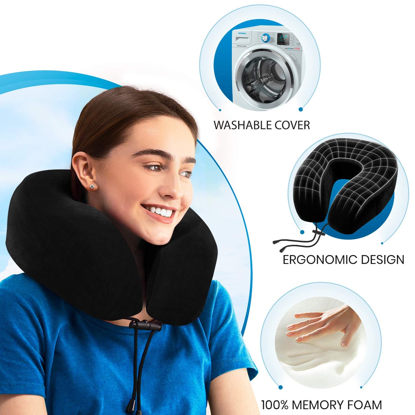 Everlasting Comfort Memory Foam Travel Pillow - Airplane Neck Rest & Plane Accessories (Black) Black