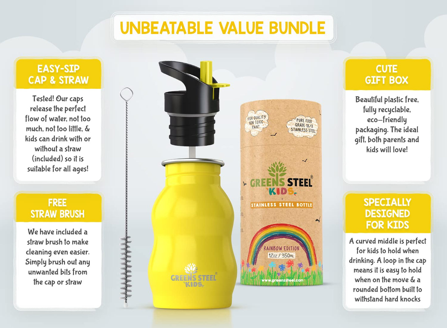 Kids Water Bottle - 350ml, Yellow | Stainless Steel | Upgraded Leak Proof Lid With Straw & Handle for Children | Easy Sip Toddler Cup | Eco Friendly Drinks Bottle | Great for a Lunch box or Gift