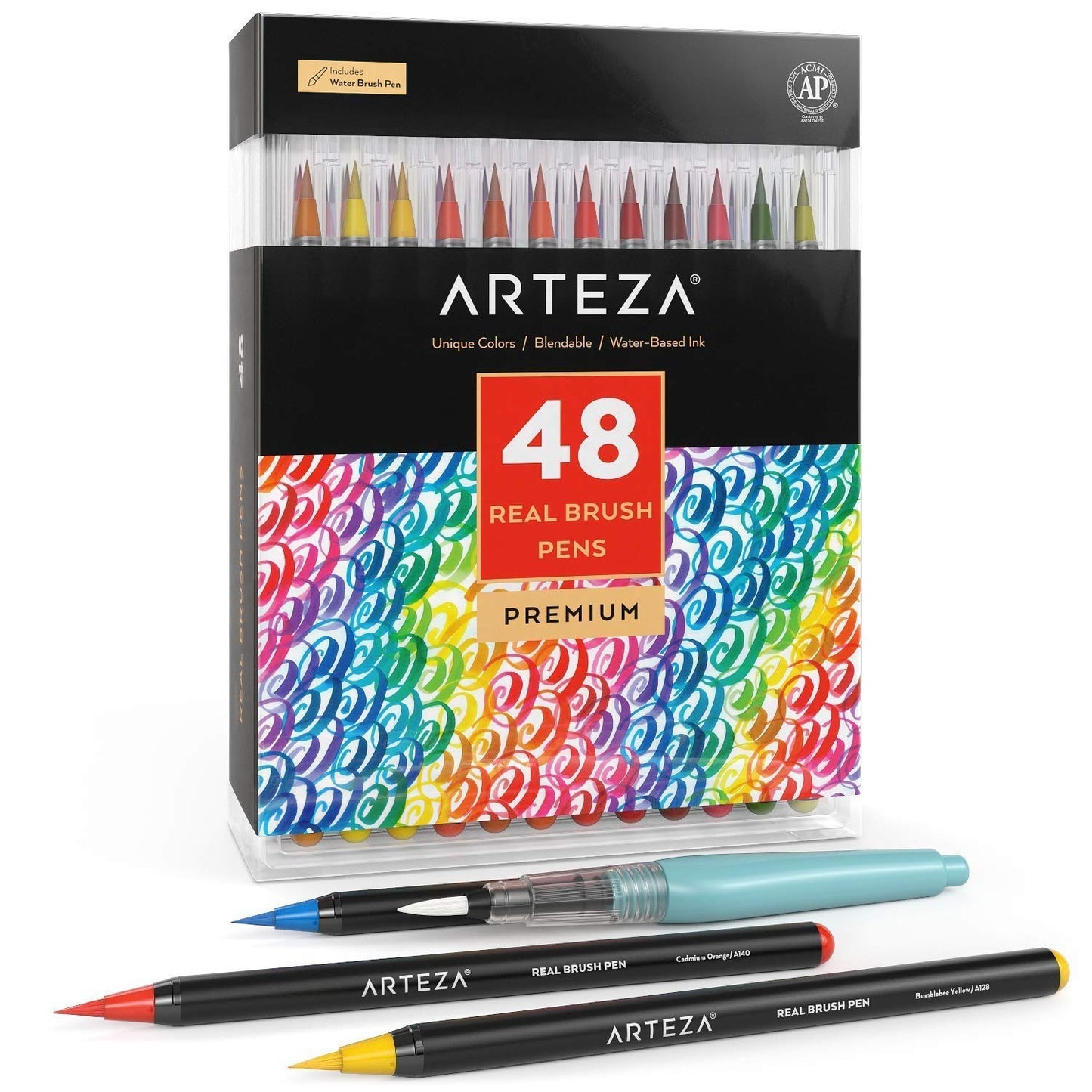 ARTEZA Real Brush Pens with Flexible Nylon Tips, 48 Paint Markers for Watercolour Painting, Colouring, Calligraphy and Drawing, Water Brush included 1 count (Pack of 48)