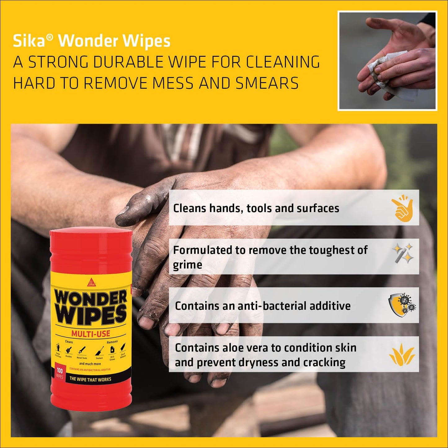 Everbuild Wonder Wipes Multi-Use Cleaning Wipes for the Building Trade | Specially Formulated to Clean Hands, Tools and Surfaces - 100 Wipes 100 count (Pack of 1)