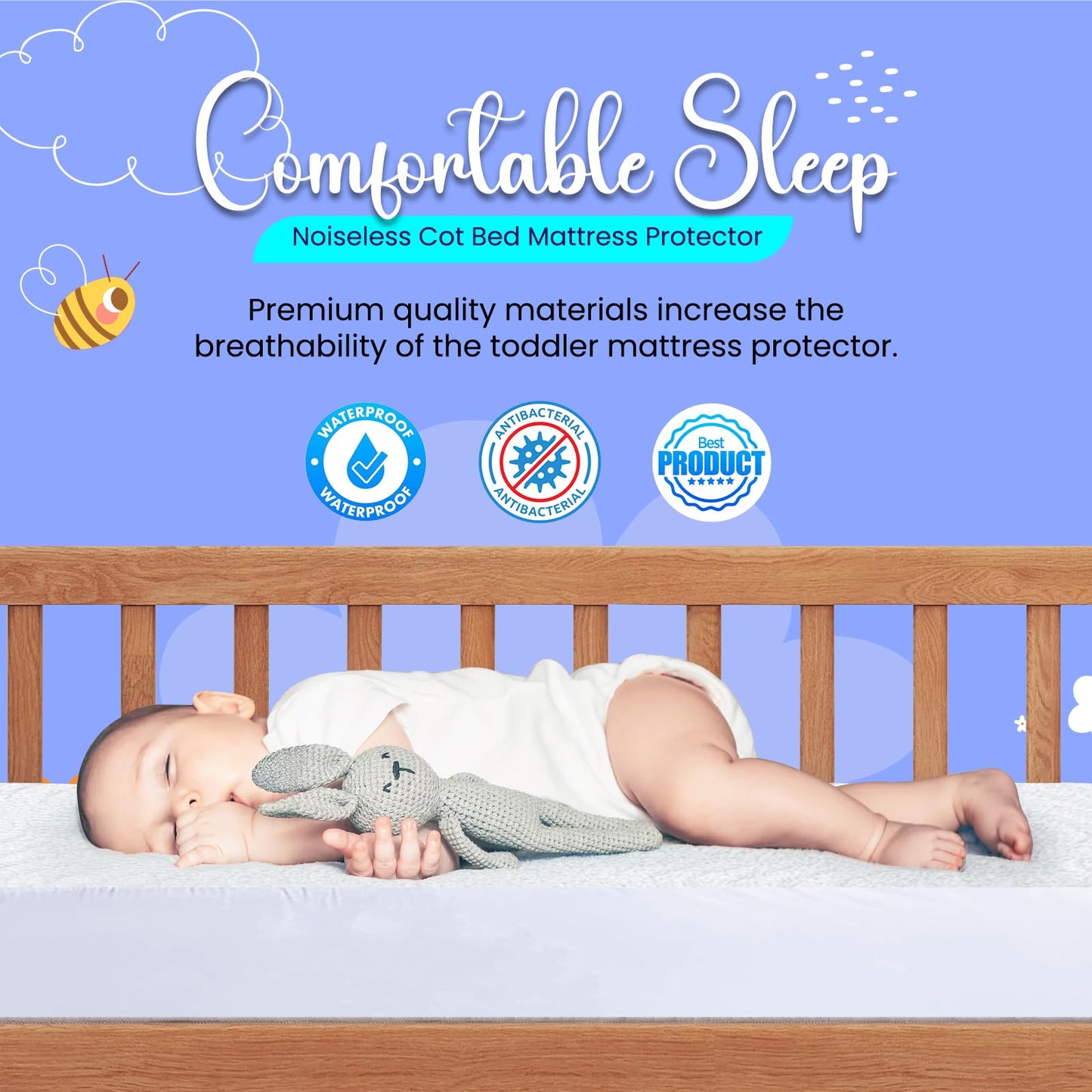 Linens World 100% Cotton Cot Bed Waterproof Mattress Protector-Non-Allergenic & Breathable-Toddler Bed Mattress Protector Non-Noisy Washable Waterproof Cot Bed Mattress Protector (70 x 140cm) Cot (70x 140+30)