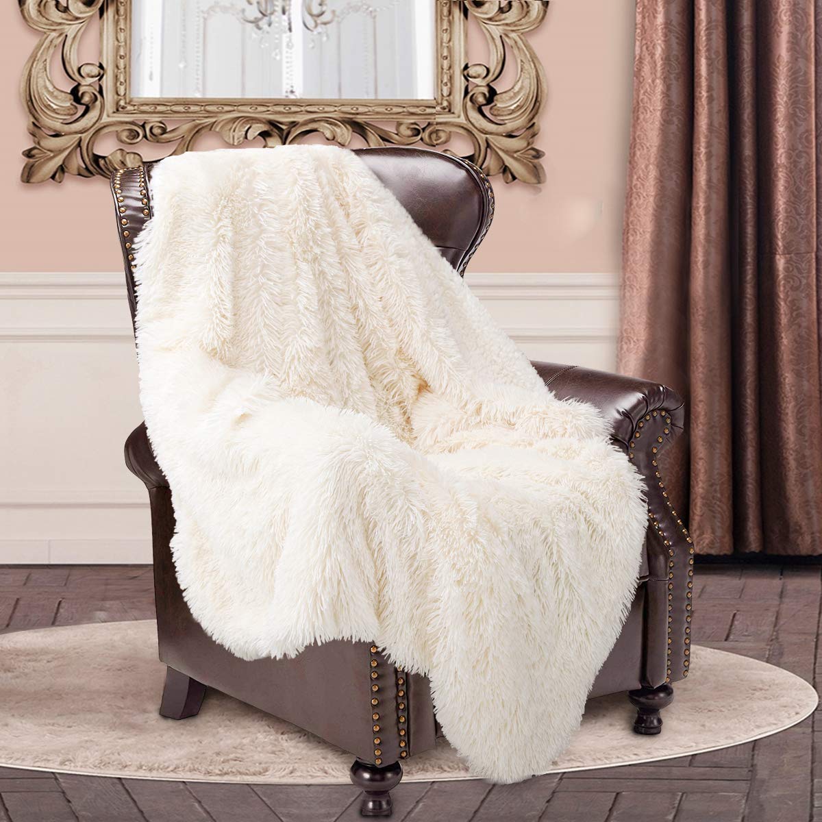 junovo Faux Fur Throw Blanket Super Soft Cozy Fluffy Blankets Warm Lightweight Long Hair Shaggy Fuzzy Throws for Couch & Bed Decor (Cream White,50x60 inch) Cream White Throw-50"x60"