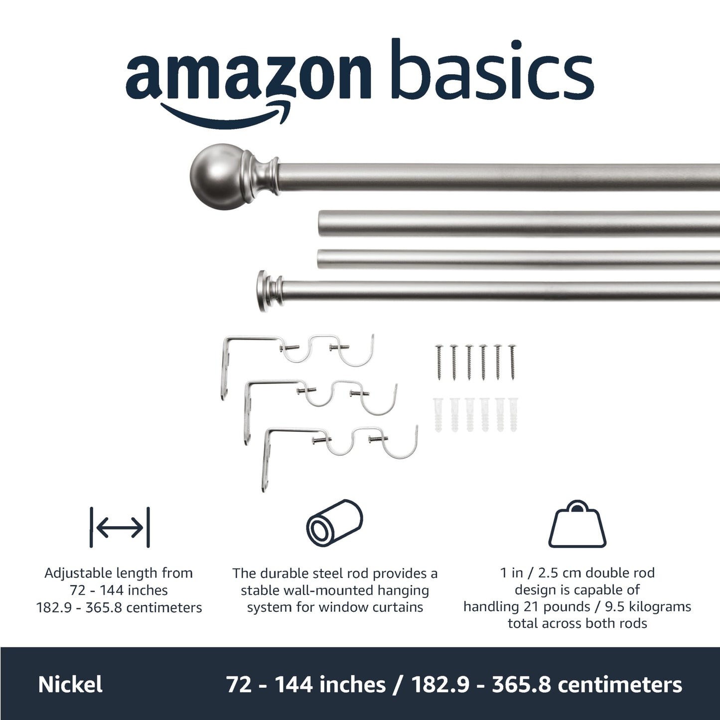 Amazon Basics 2,54 cm Double Curtain Rod with Round Finials, 1,83 to 3,65 m, Nickel 1-Inch Double