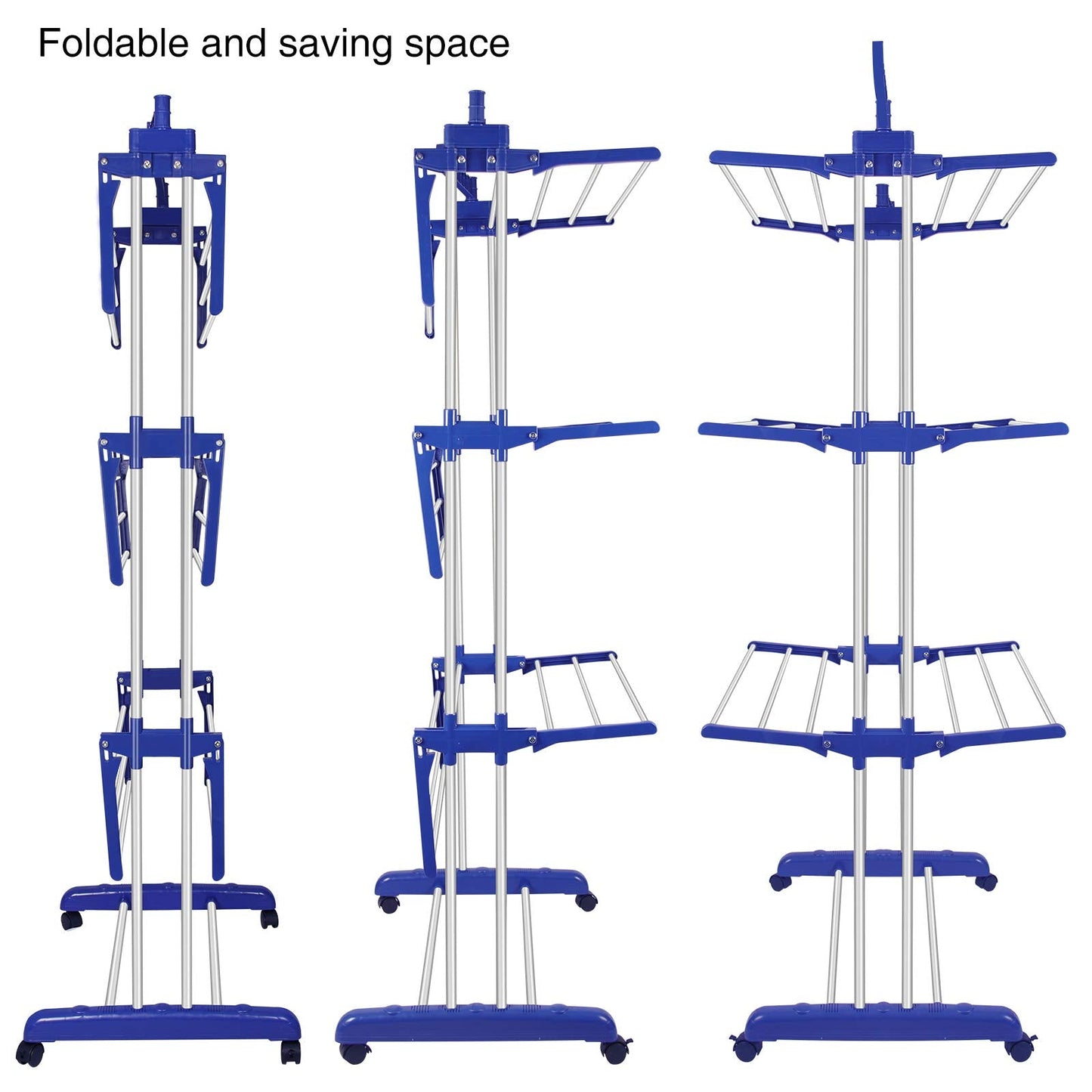 Innotic Clothes Drying Rack Folding Clothes Rail 4 Tier Clothes Horses Rack Stainless Steel Laundry Garment Dryer Stand with Two Side Wings, Blue + Grey 4 Tier Blue + Grey