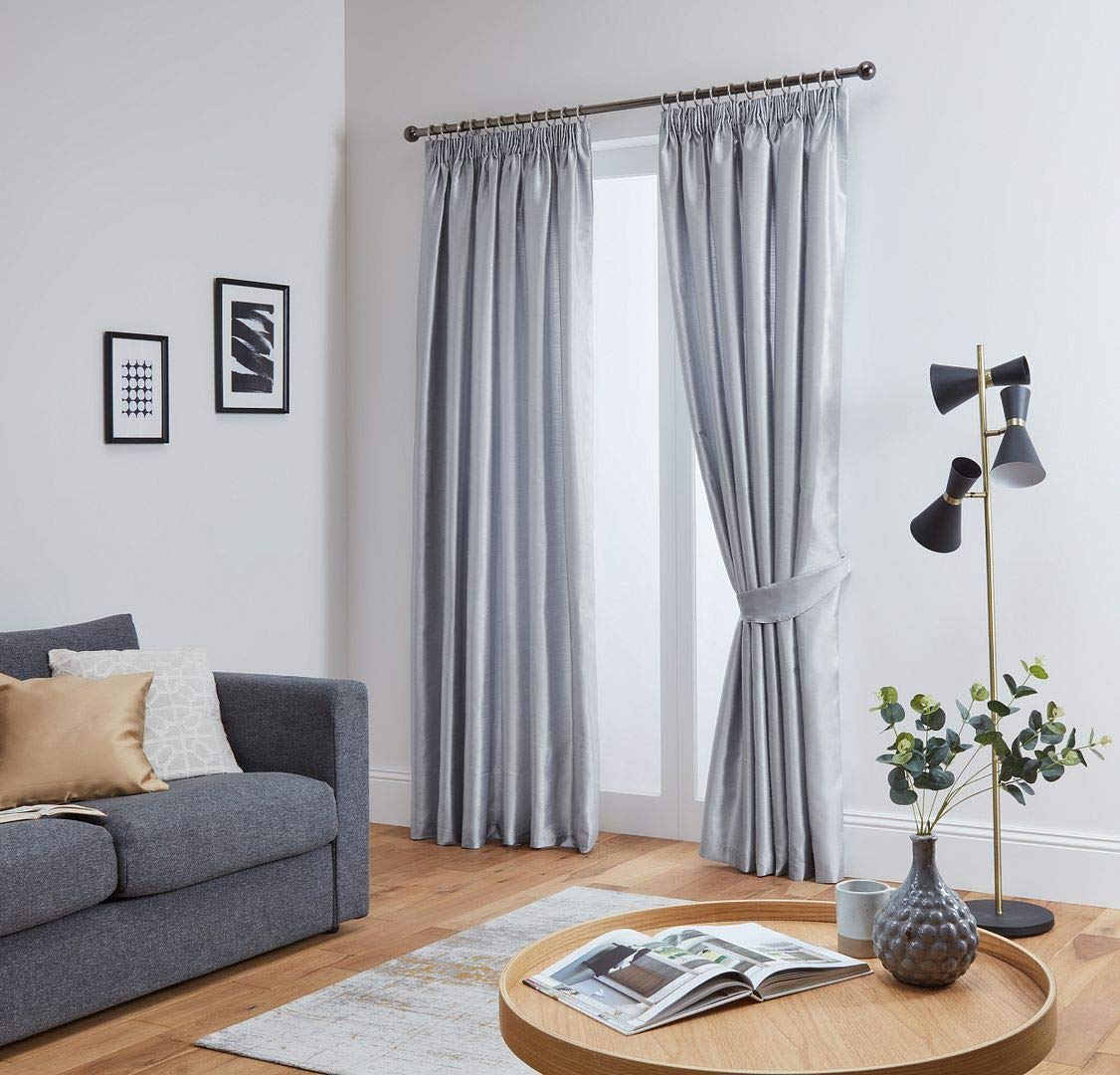 John Aird Luxury Faux Silk Fully Lined Pencil Pleat Curtains With Matching Tie Backs (Silver, 229cm Width x 229cm Drop (90"x 90") 90" Wide x 90" Drop Silver