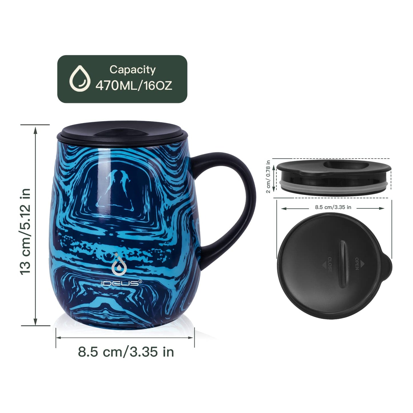 Ideus Coffee Mug 470ml (16oz), Double Wall Vacuum Insulated Stainless Steel Coffee & Tea Cup w/Non-Slip Handle & Slider Module Lid & Large Volume (Blue-Zebra) Blue-zebra