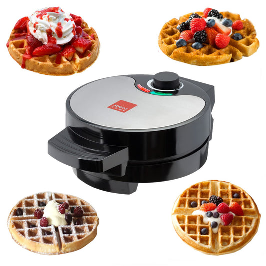 GLOBAL GOURMET – FULL SIZE American Waffle Maker Iron Machine 700W I Electric I Stainless Steel Mould I Non-Stick Coating I Recipes I Deep Cooking Plates I Adjustable Temperature Control - Black Round Waffle Maker