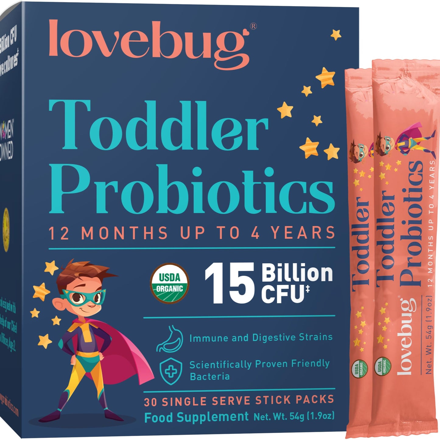 Lovebug Award Winning Probiotic for Toddlers & Kids | Multi-Strain 15 Billion CFU | Easy-to-Take Powder | Sugar Free | Ages 12 Months to 4 Years | 30 Packets 30 Servings (Pack of 1)