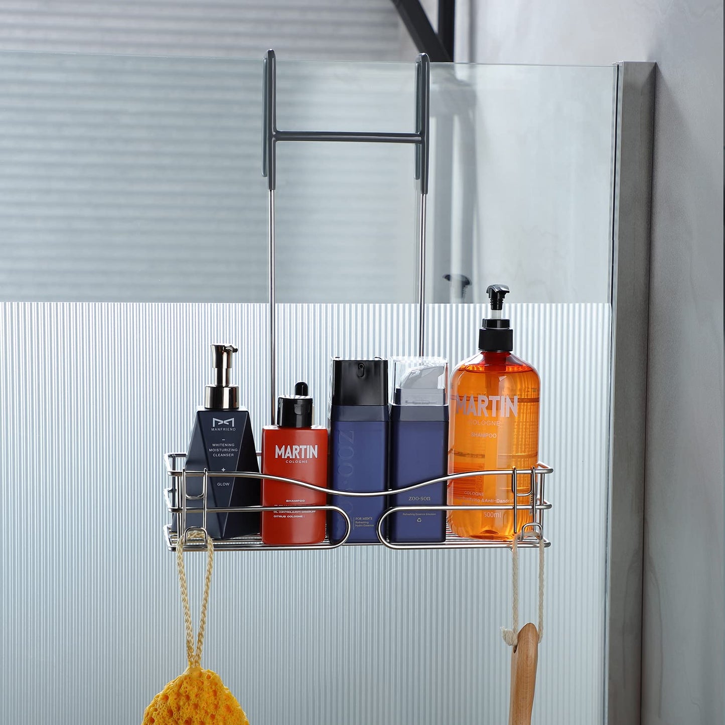 Cooeco Shower Caddy Hanging - Rustproof Shelf Storage Stainless Steel Organizer Bathroom Shampoo Holder over the Door with 2 Hooks one-tier Silver