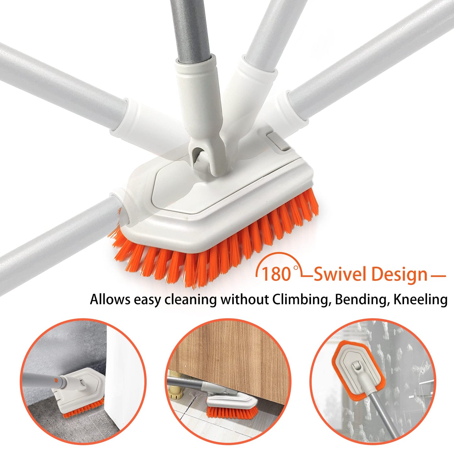 JEHONN Bathroom Cleaning Brush, Scrubbing Brush with Telescopic Handle, Tub Tile Shower Scrubber, Detachable Stiff Bristle Cleaner Brush and Sponge Head for Bathtub Floor Wall Glass Sink Orange/White Scrubber Brush