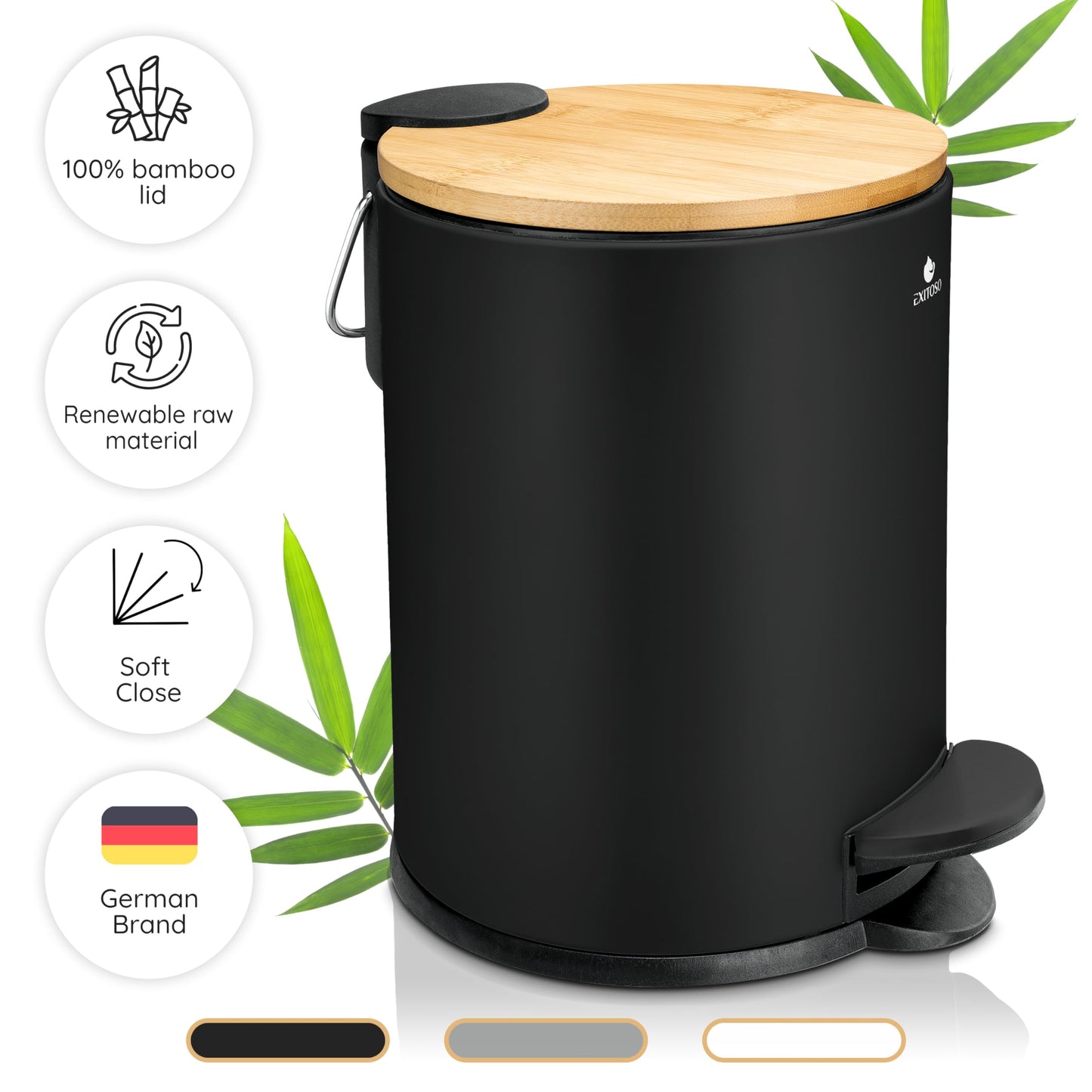 Exitoso 3L Small Bathroom Bin with Lid - Slim Bedroom Bin with Lid - Small Pedal Bin - Small Bin for Bedroom Black Bathroom Bin - Sanitary Bin Bedroom Rubbish Bin Toilet Bin Waste Bin for Bedroom