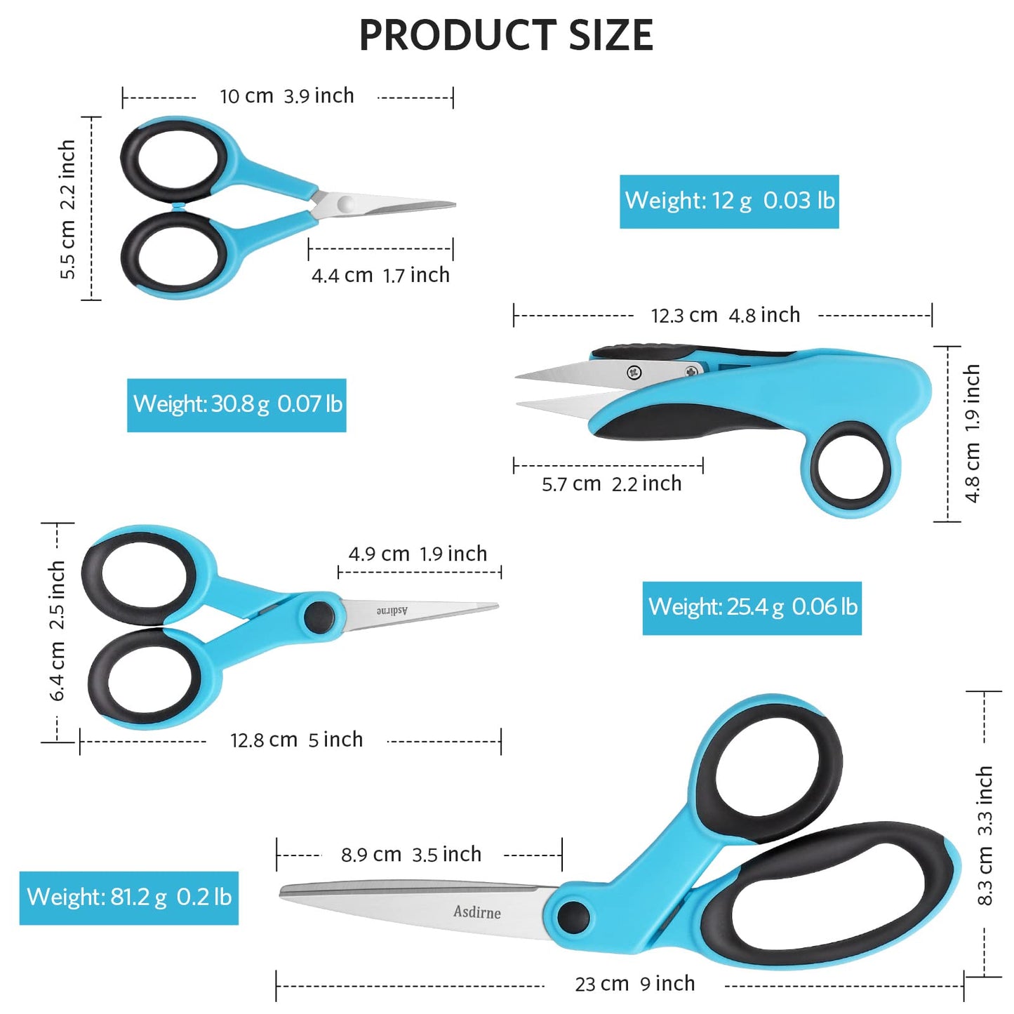 Fabric Scissors, Scissors Set with Sharp Stainless Steel Blade and Soft Handles, Including Sewing Scissors, Craft Scissors, Thread Snipers and Embroidery Scissors, 4PCs, Blue/Black