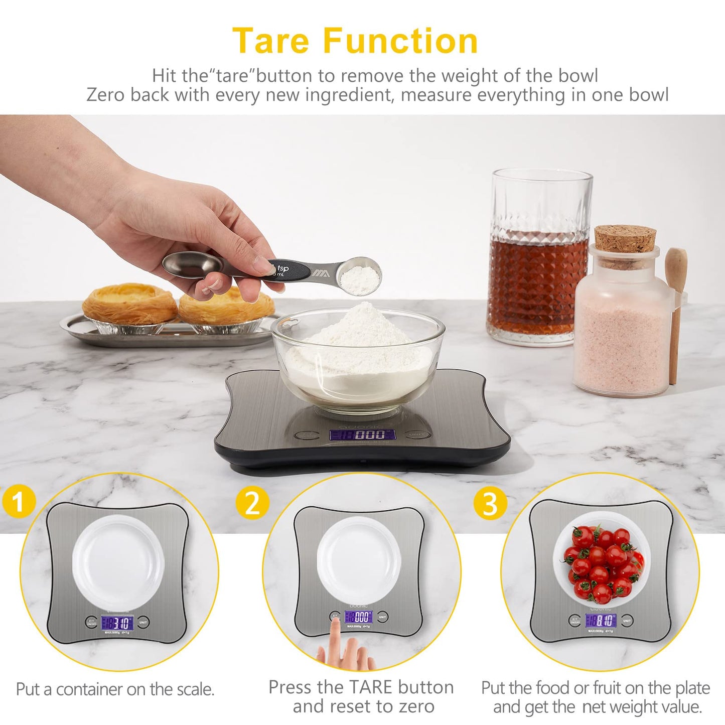 Kitchen Weighing Scales Digital,Adoric Cooking Scales Stainless Premium Steel Larger Platform Can Hang on The Wall Silver