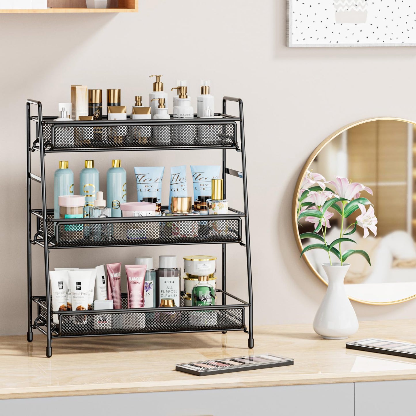 EKNITEY Bathroom Countertop Organiser Rack - 3 Tier Counter Spice Rack Metal Makeup Rack Small Perfume Vanity Organiser for Sink/Bedroom/Living room/Kitchen/Office Black