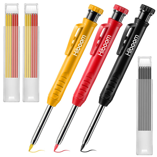 Hiboom 3 Pack Solid Carpenter Pencil with 21 Refill, Long Nosed Deep Hole Mechanical Pencil Marker with Built in Sharpener for Carpenter, Design Patent Yellow, Red, Black Cover