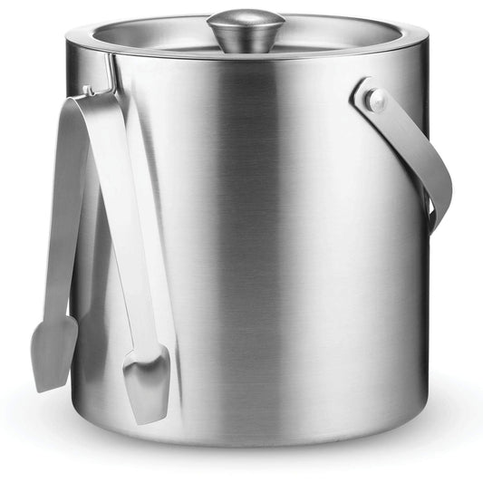 High-Grade Stainless Steel Ice Bucket with Lid and Tongs - 2.8 Litre Premium Double Walled Metal Ice Buckets with Strainer - Easy Carry Handle - Bar Ice Bucket for Ice Cubes, Beer & Champagne Bottles