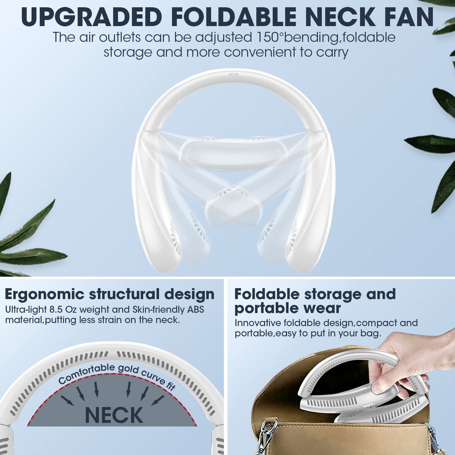 Foldable Neck Fan, Portable Neck Fan Rechargeable 3 Speeds Bladeless Fan, USB Powered Hands-Free Mini Fan 5000 mAhNeck Fans For Women Rechargeable,360 degrees Airflow, for Outdoor Indoor-White 5000 mAh White 01