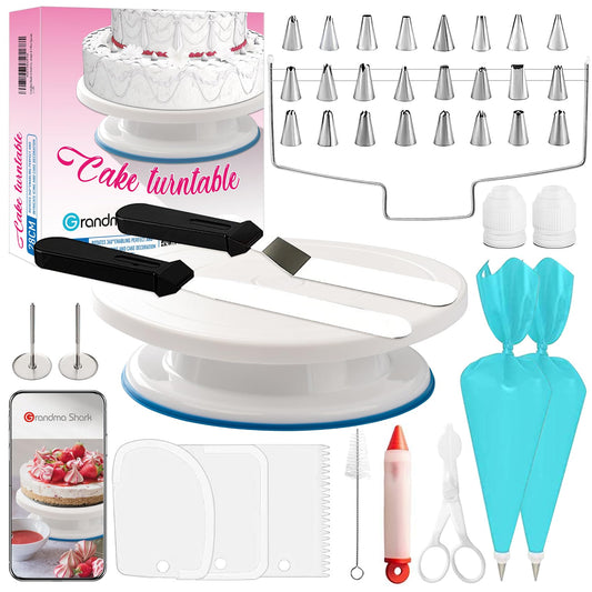 GRANDMA SHARK 11 Inch Cake Turntable and 39 Pcs Cake Decorating Kit, Piping Tips, Cake Scrapers, TPU Bags, Flower Nail, Flower Lifter, Coupler, Icing Pen, Brush, Cake Cutter, Straight & Offset Spatula