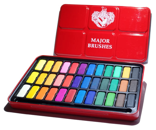 Major Brushes Artist Watercolour Paint Tin 36 Blocks Red Metal Lid