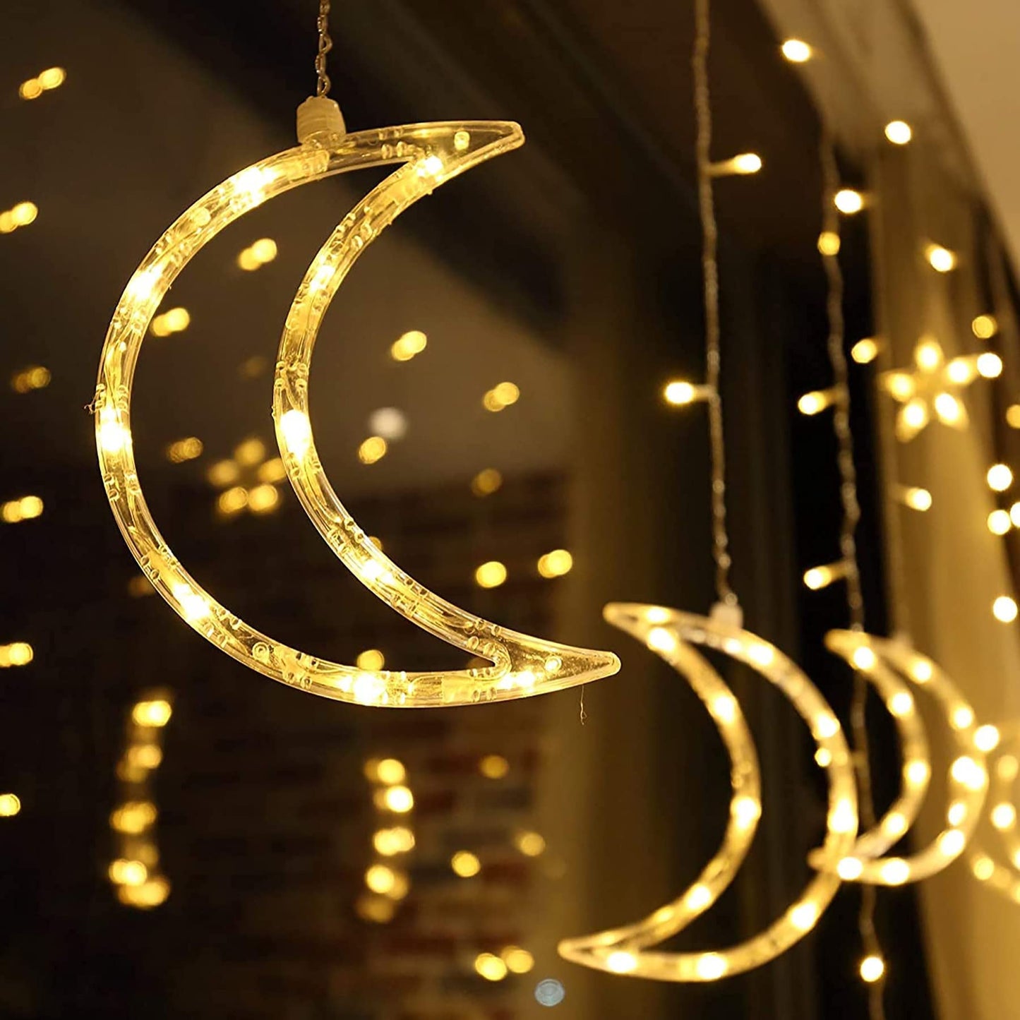 Garlocht Curtain Lights Plug in, 138LED Fairy Lights with 8 Modes, Star and Moon Curtain String Lights, Fairy Lights for Windows, Bedroom, Party, Outdoor/Indoor, Christmas Decorations (Warm White) Plug In-warm White