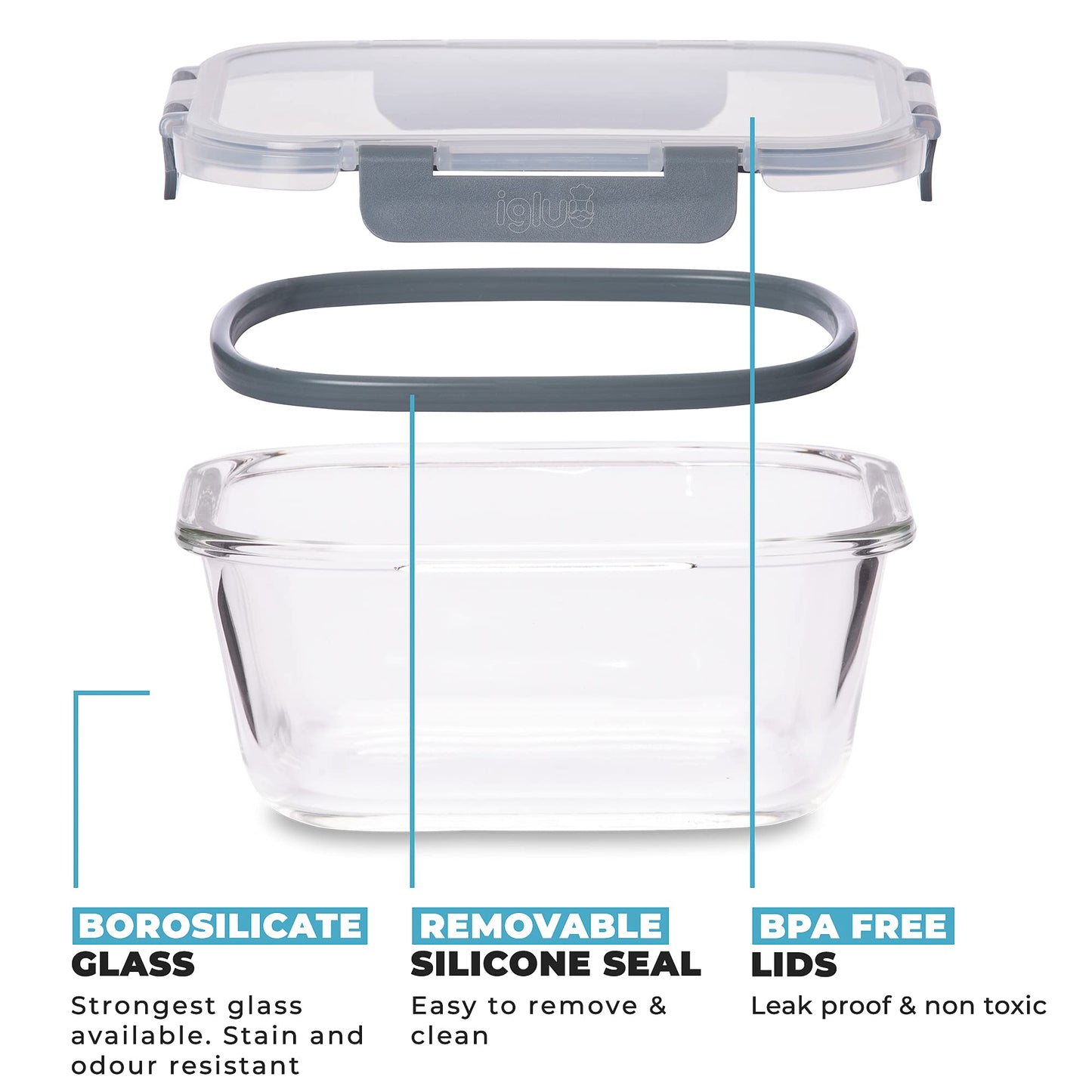 Igluu Meal Prep - Glass Stackable Square Containers (3 Pack) – BPA-Free Lunch Box Food Storage Set. Innovated Leak Proof Hinged Airtight Lids. Microwave, Oven & Dishwasher-Safe (800ml, 520ml, 320ml)