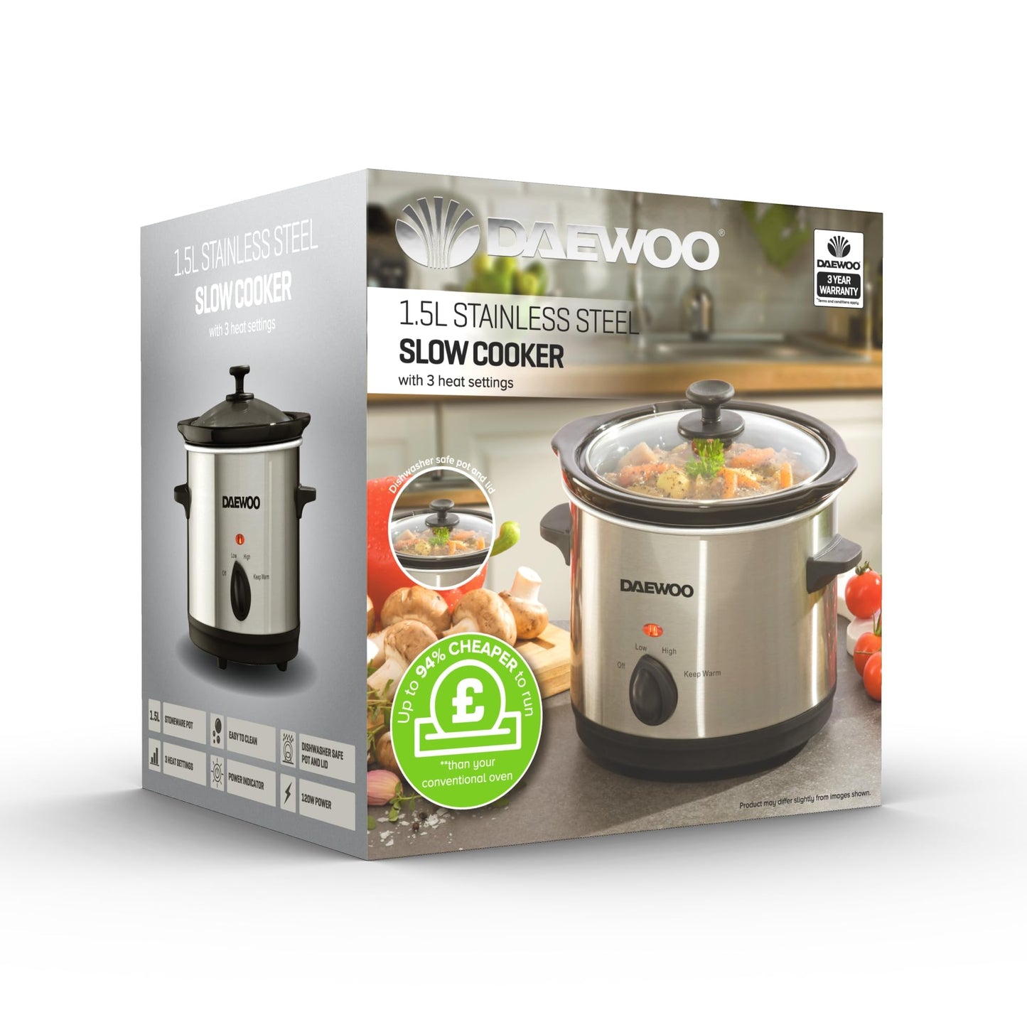 Daewoo Stainless Steel Slow Cooker With 3 Heat Settings And Power Indicator, Dishwasher Safe and Carry Handles With Raised Feet, Easy Clean, 1.5-Litres 1.5L