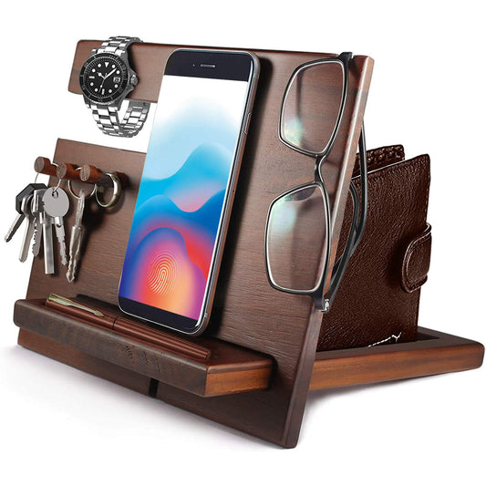 Gifts for Men Bedside Organiser for Him Birthday Gifts for Him Wooden Docking Station for Men Key Wallet Watch Wooden Organizer Gifts for Dad Anniversary Idea Valentines Gifts for Him Husband Wife Brown-1