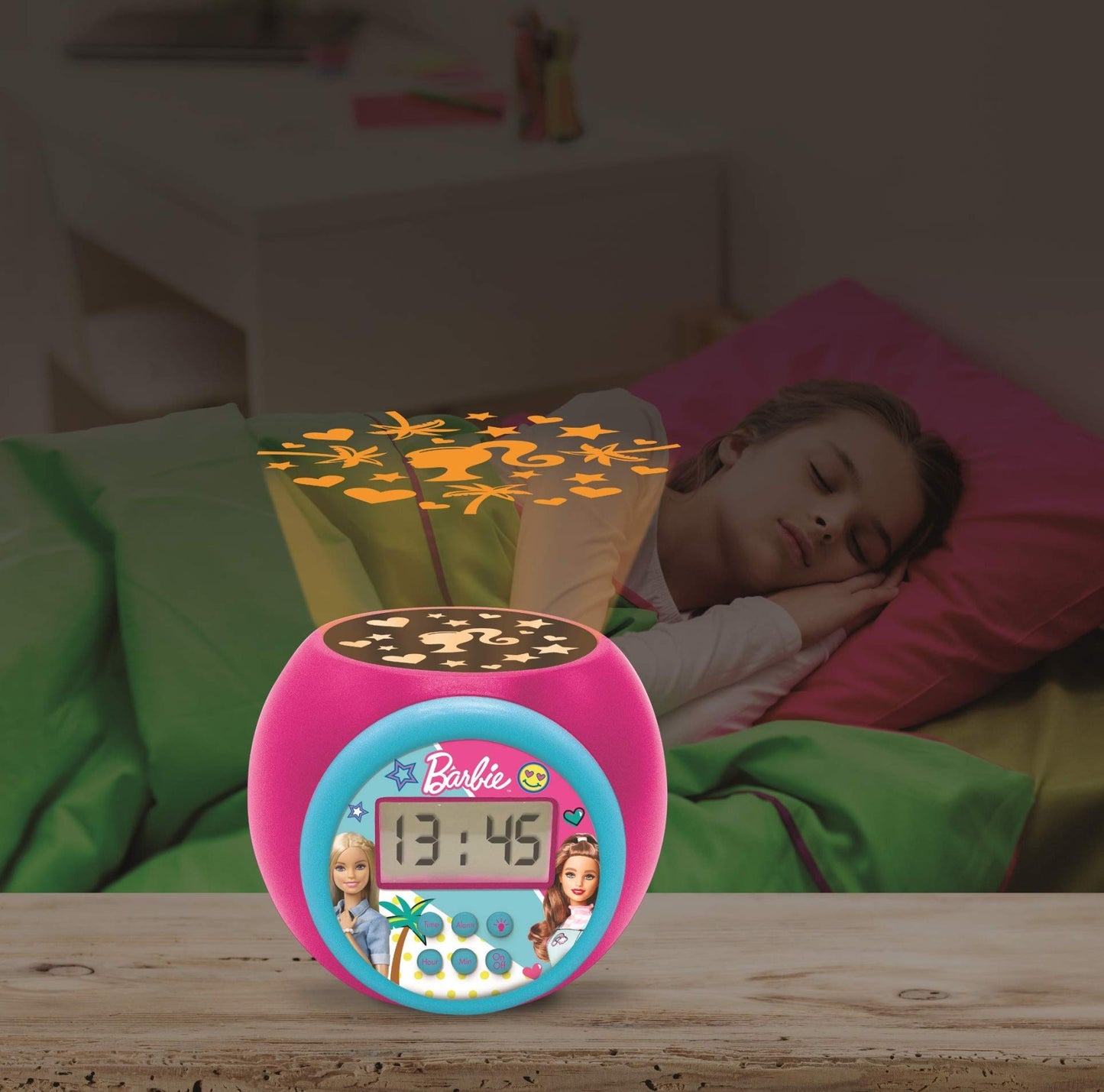 LEXIBOOK Projector Clock Barbie with Snooze Alarm Function, Night Light with Timer, LCD Screen, Battery Operated, Pink