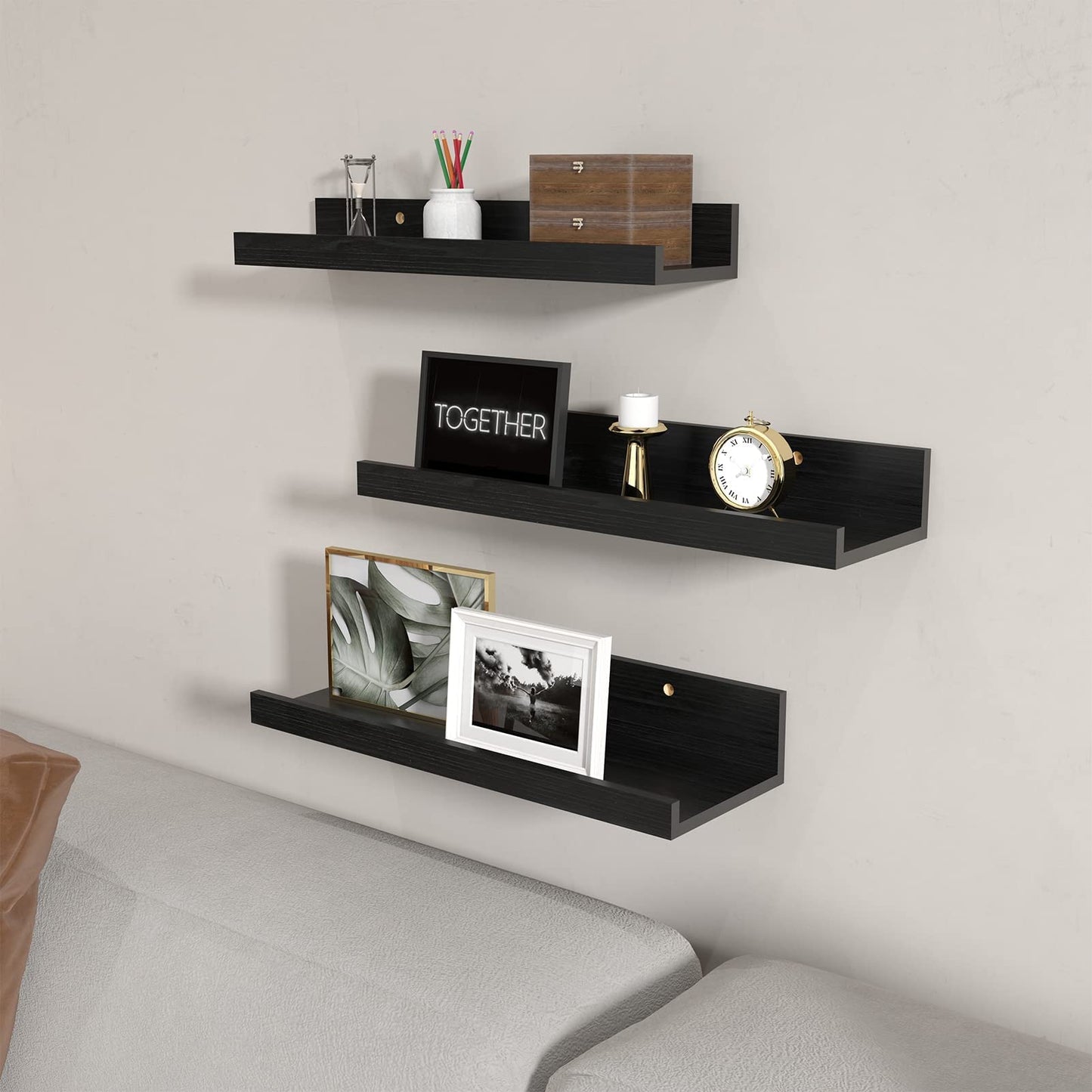 Giftgarden 40cm Black Floating Shelves for Wall Mount, Woodgrain Wall Shelf Ledge for Bathroom Bedroom Kitchen Living Room Office Storage, Set of 3 Different Sizes