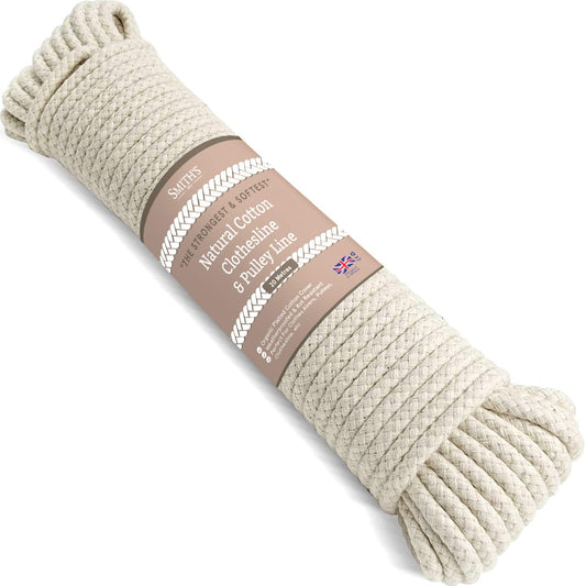 “The Strongest” Natural Cotton Clothesline Pulley by Smith’s® | 20m/66ft X 5.5mm | Soft Braided 130kgs Pulling Force Rope | Snag & Tear Resistant | 1 Year Guarantee! 20m (66ft)