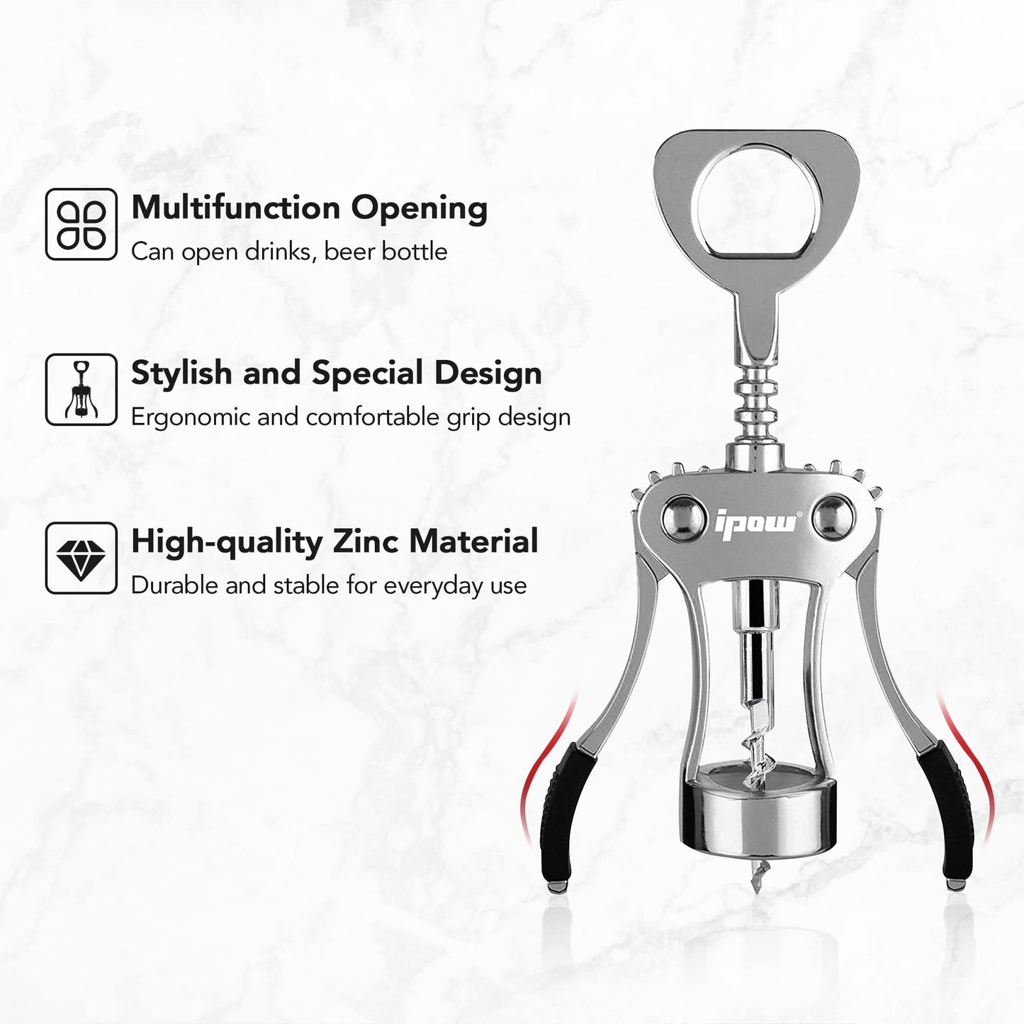 ipow WJ-098 Red Wine Beer Bottle Opener Wing Corkscrew Silver