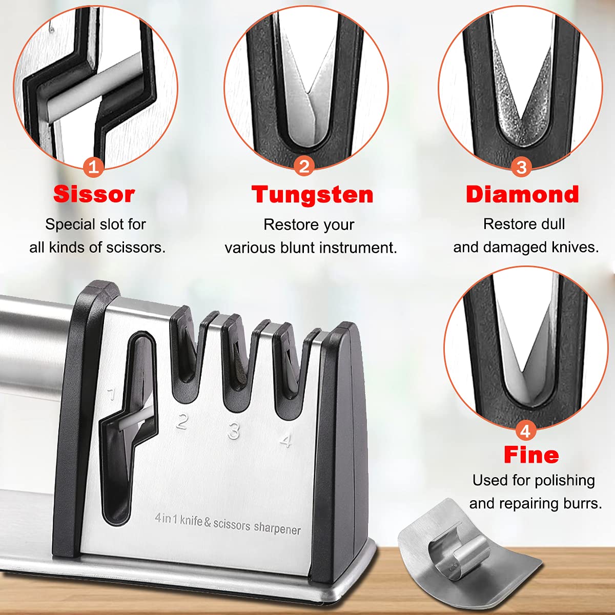 Knife Sharpener with 4 in 1 and Finger Protection Knife sharpeners Best Grinding Grooves are Made of Diamond Tungsten Steel and Ceramic Knives Sharpener Safe and Non-Slip. Black + Finger Guard