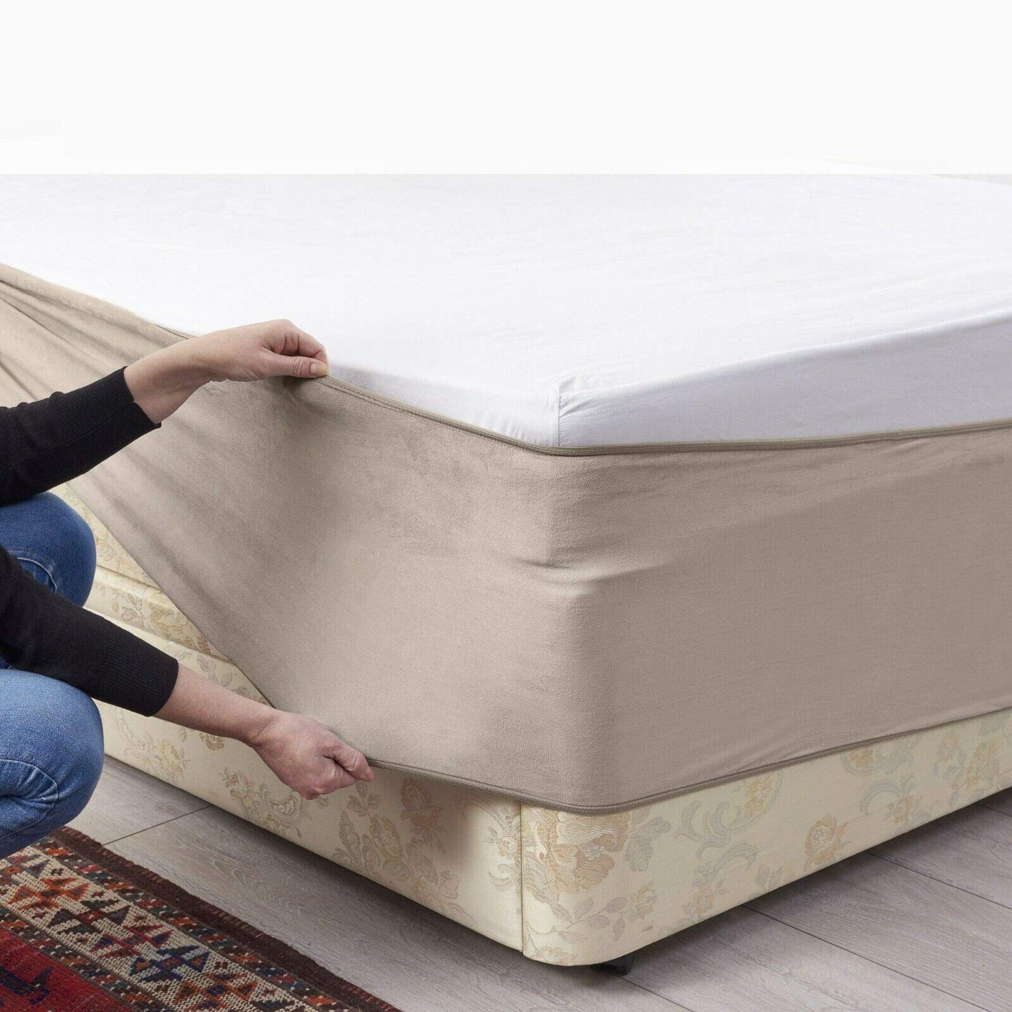 Bed Wrap FAUX SUEDE Divan Bed Base Wrap COVER Alternative to Traditional Valance Sheet Fully Elasticated Skirt Easy To Fit - Wraps Itself Around The Base of Bed Frame (Beige, Super King-Size) Beige