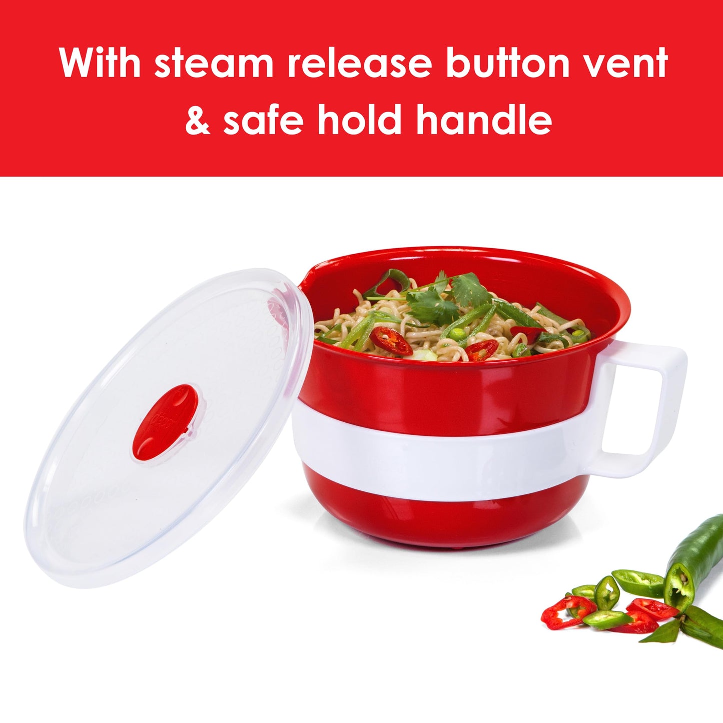 Décor Microsafe EasyHeat Bowl | Microwave Bowl Perfect for Soup, Noodles & Porridge | 1.15L Capacity - Red Noodle & Soup Bowl