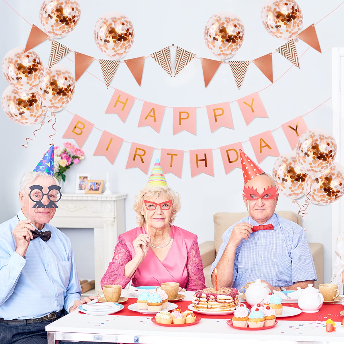 Happy birthday bunting banner balloons – 14 pieces happy birthday decoration pack include a set of rose gold birthday bunting birthday banner 2 ribbons and 10 confetti latex balloons Pink