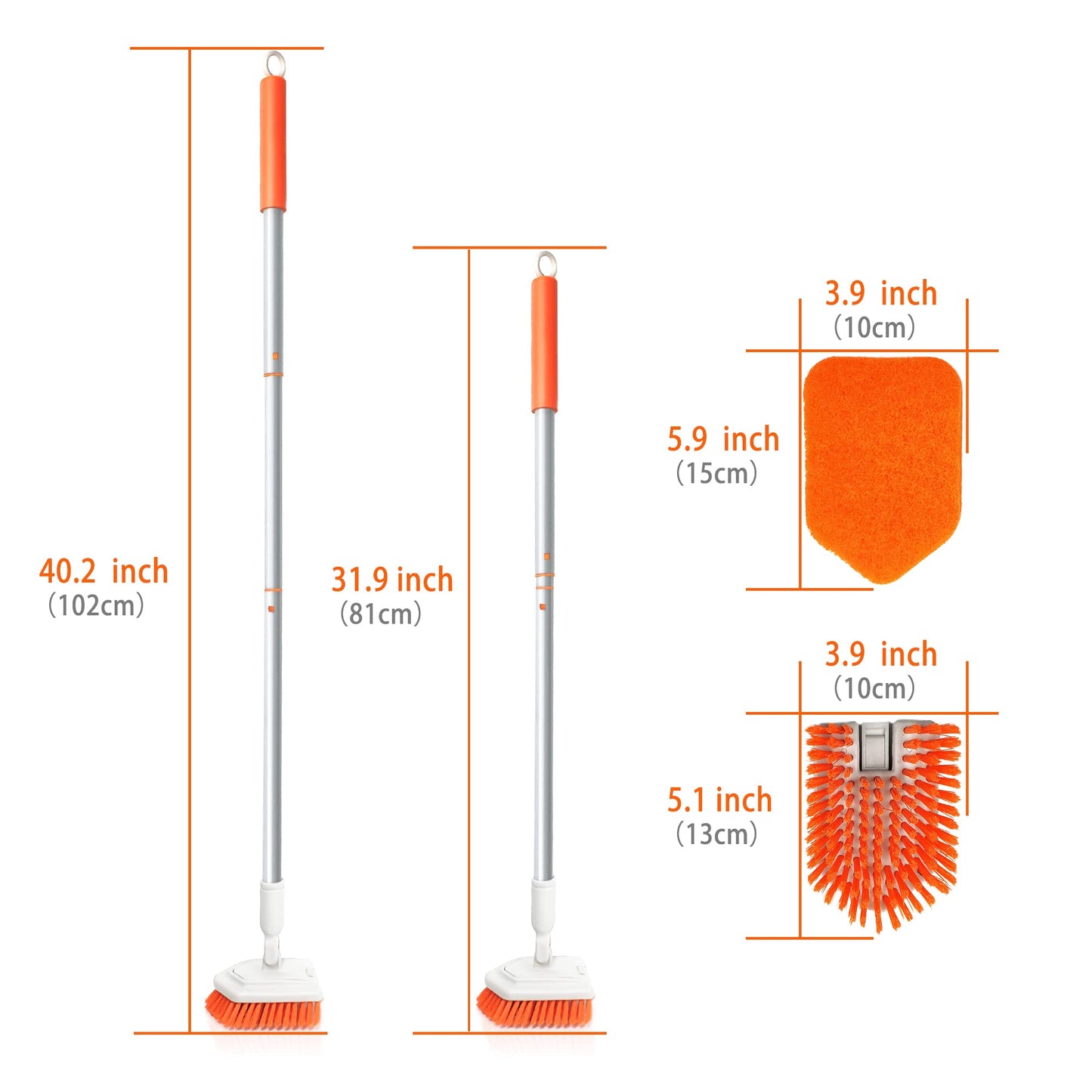 JEHONN Bathroom Cleaning Brush, Scrubbing Brush with Telescopic Handle, Tub Tile Shower Scrubber, Detachable Stiff Bristle Cleaner Brush and Sponge Head for Bathtub Floor Wall Glass Sink Orange/White Scrubber Brush