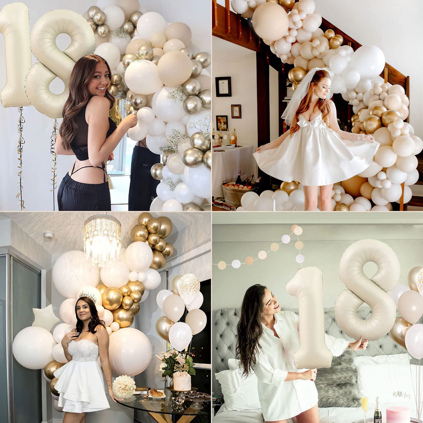 18th Birthday Decoration for Girl Boy,Sand White Gold Birthday Party Decorations,18th Birthday Balloons Beige Gold,Happy Birthday Banner,Number 18 Balloons,Pom Poms for Girl Birthday Party Decorations