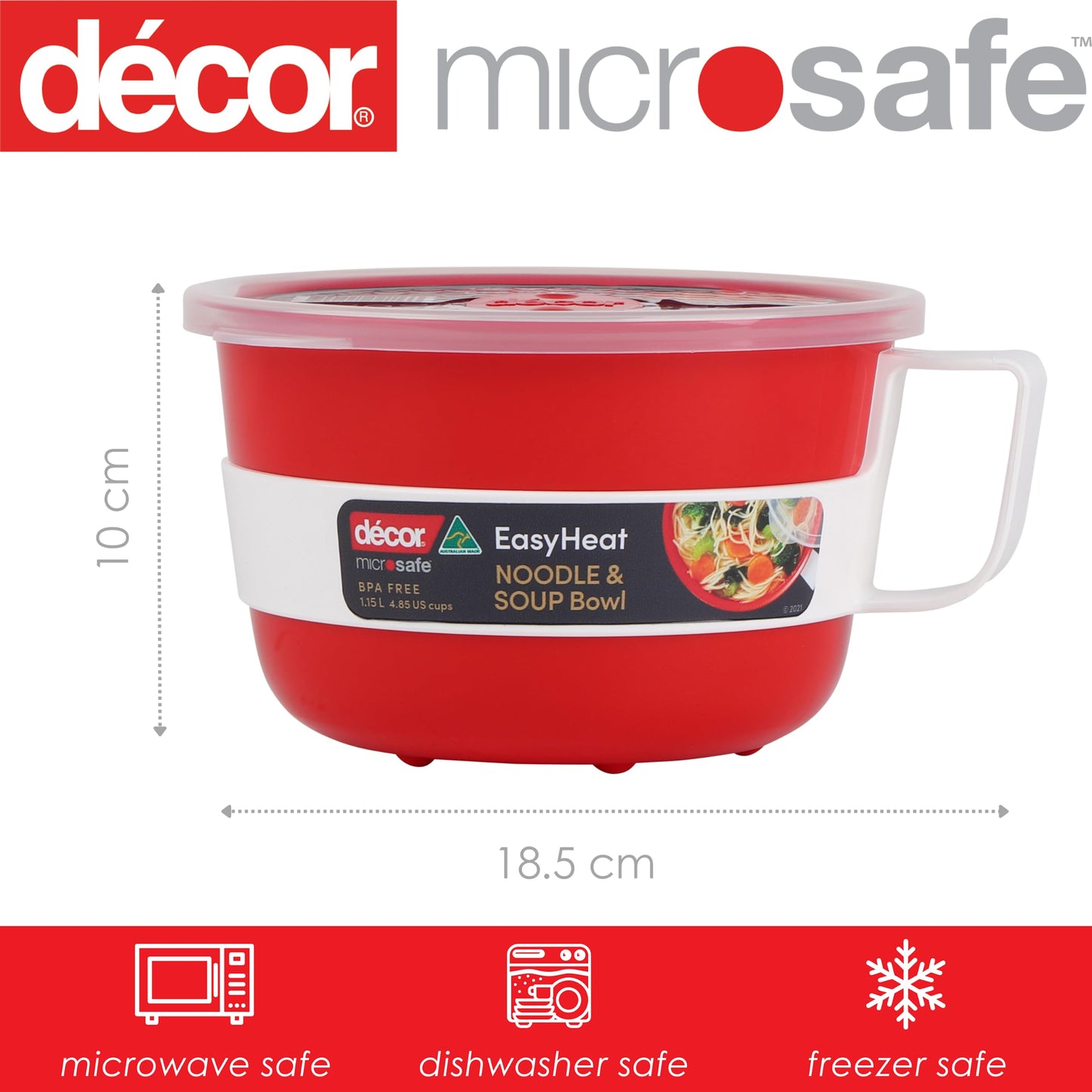 Décor Microsafe EasyHeat Bowl | Microwave Bowl Perfect for Soup, Noodles & Porridge | 1.15L Capacity - Red Noodle & Soup Bowl