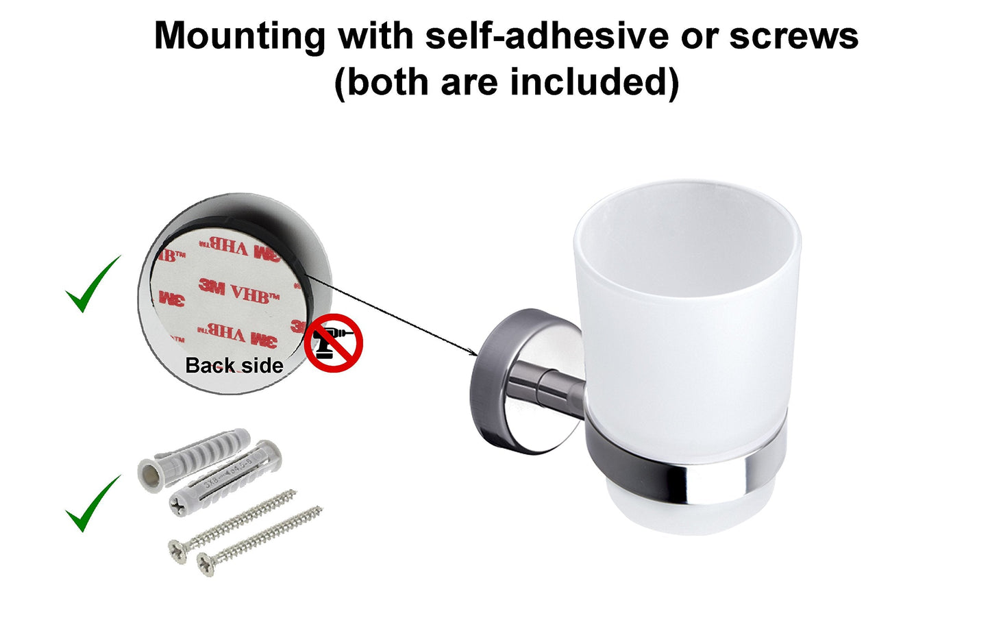 Kapitan Wall Mounted Toothbrush Holder, Frosted Glass Tumbler Stainless Steel 18/10, 3M Self Adhesive OR Screws Mounting, Polished Finish, Made in EU, 20 Years Warranty