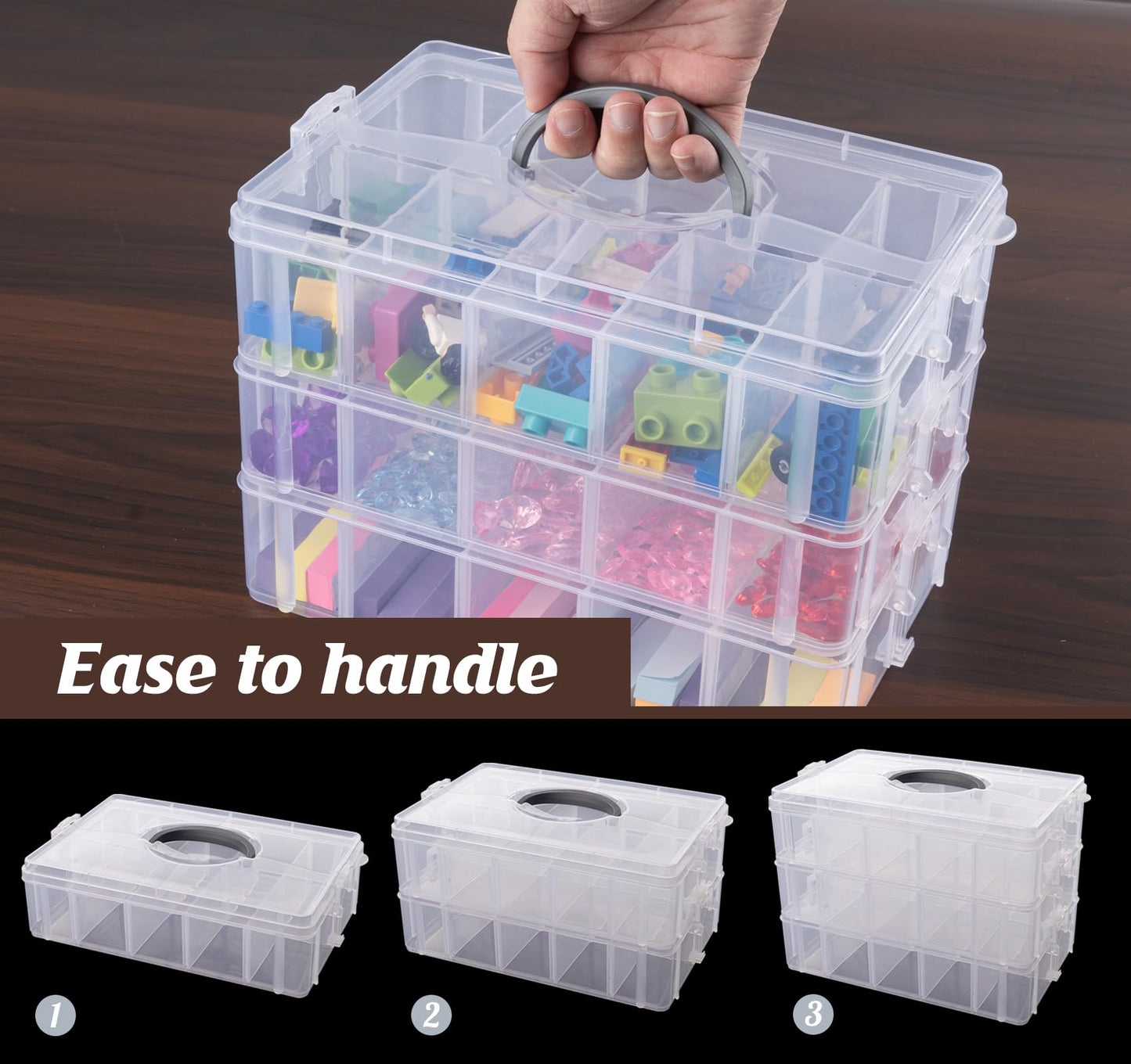 Anstore Storage Box with Compartments, Reinforced 3-Tier Clear Plastic Craft Storage Box with Lids, Practical Sorting Box for Crafts, Jewelry, Toy building blocks(Medium) Upgraded Medium