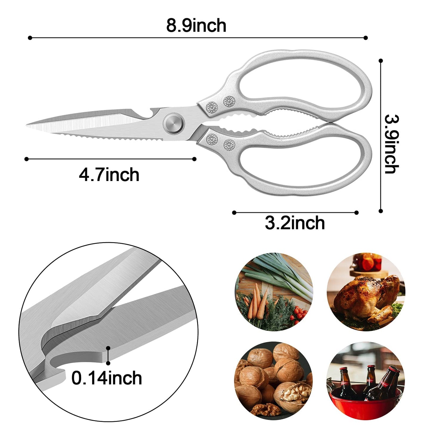 CGBE Kitchen Scissors Heavy Duty, Dishwasher Safe Kitchen Scissors, Multi-Purpose Kitchen Shears for Food, Non Slip Stainless Steel Sharp Cooking Scissors for Kitchen Silver Sliver#a