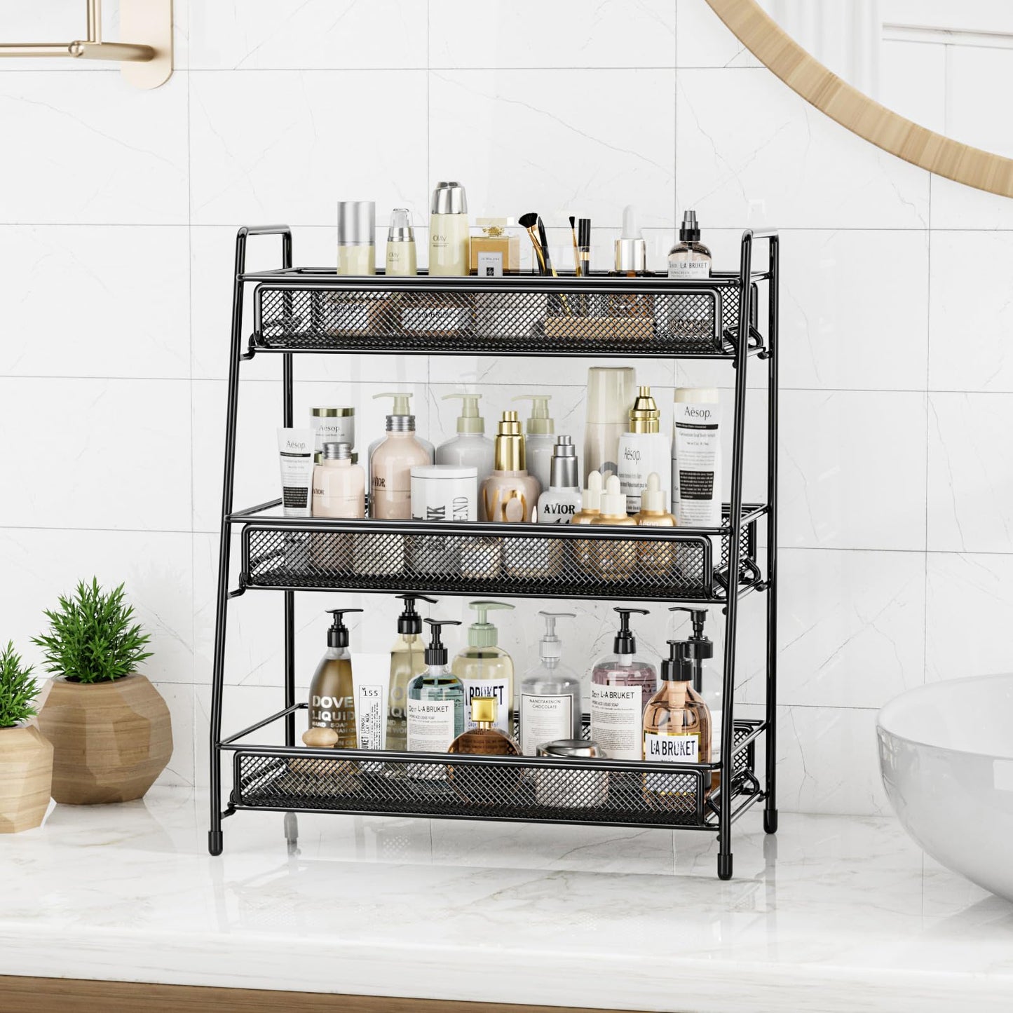 EKNITEY Bathroom Countertop Organiser Rack - 3 Tier Counter Spice Rack Metal Makeup Rack Small Perfume Vanity Organiser for Sink/Bedroom/Living room/Kitchen/Office Black