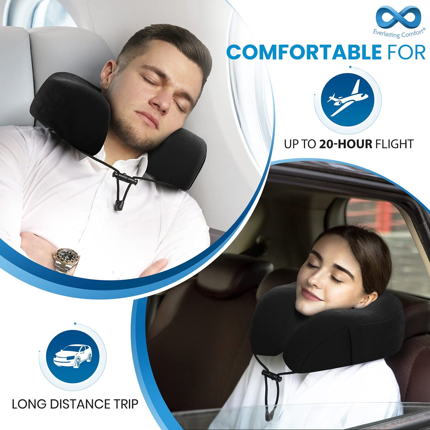 Everlasting Comfort Memory Foam Travel Pillow - Airplane Neck Rest & Plane Accessories (Black) Black