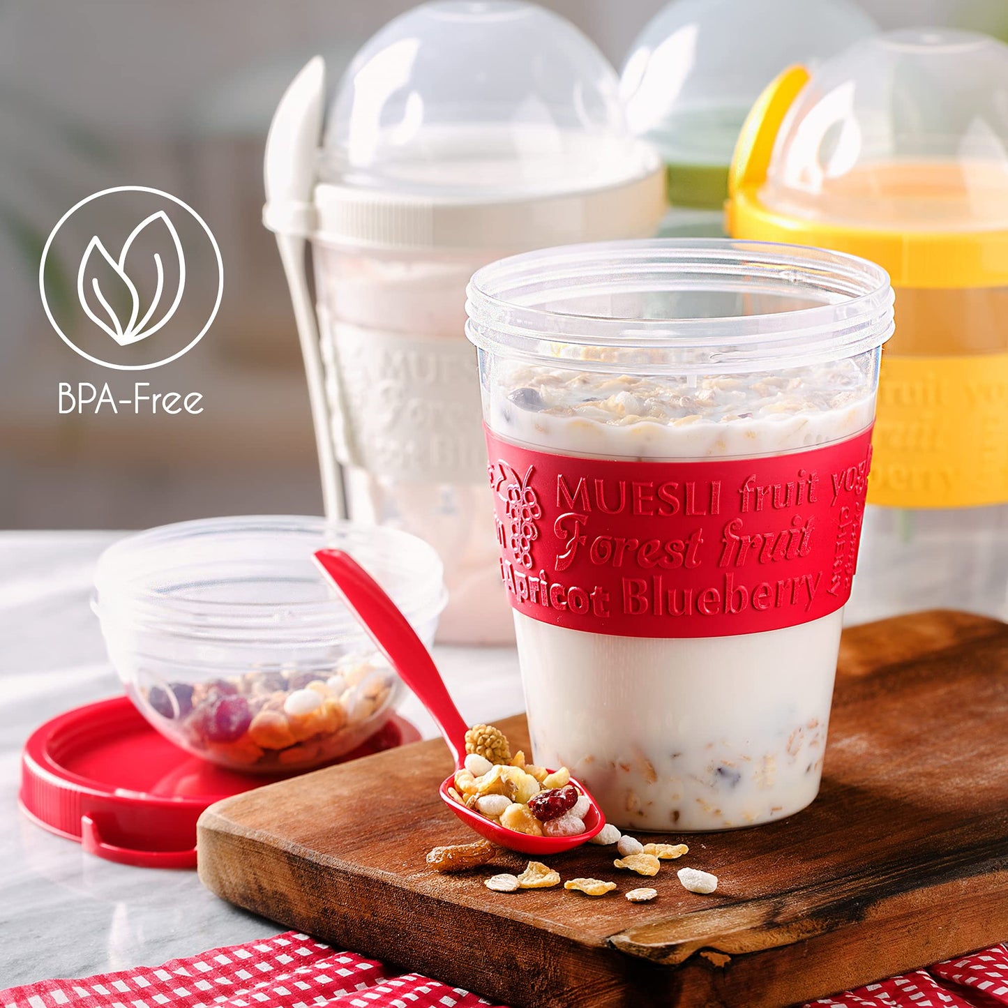 CRYSTALIA Reusable Oats Container with Lids 4PCs BPA Free Breakfast Pots to Go Dishwasher Safe Yoghurt Pots Cereal On The Go Overnight Oats Jars Oatmeal Container Yogurt Pot Set of 4 (Red, Cream, Green, Yellow )