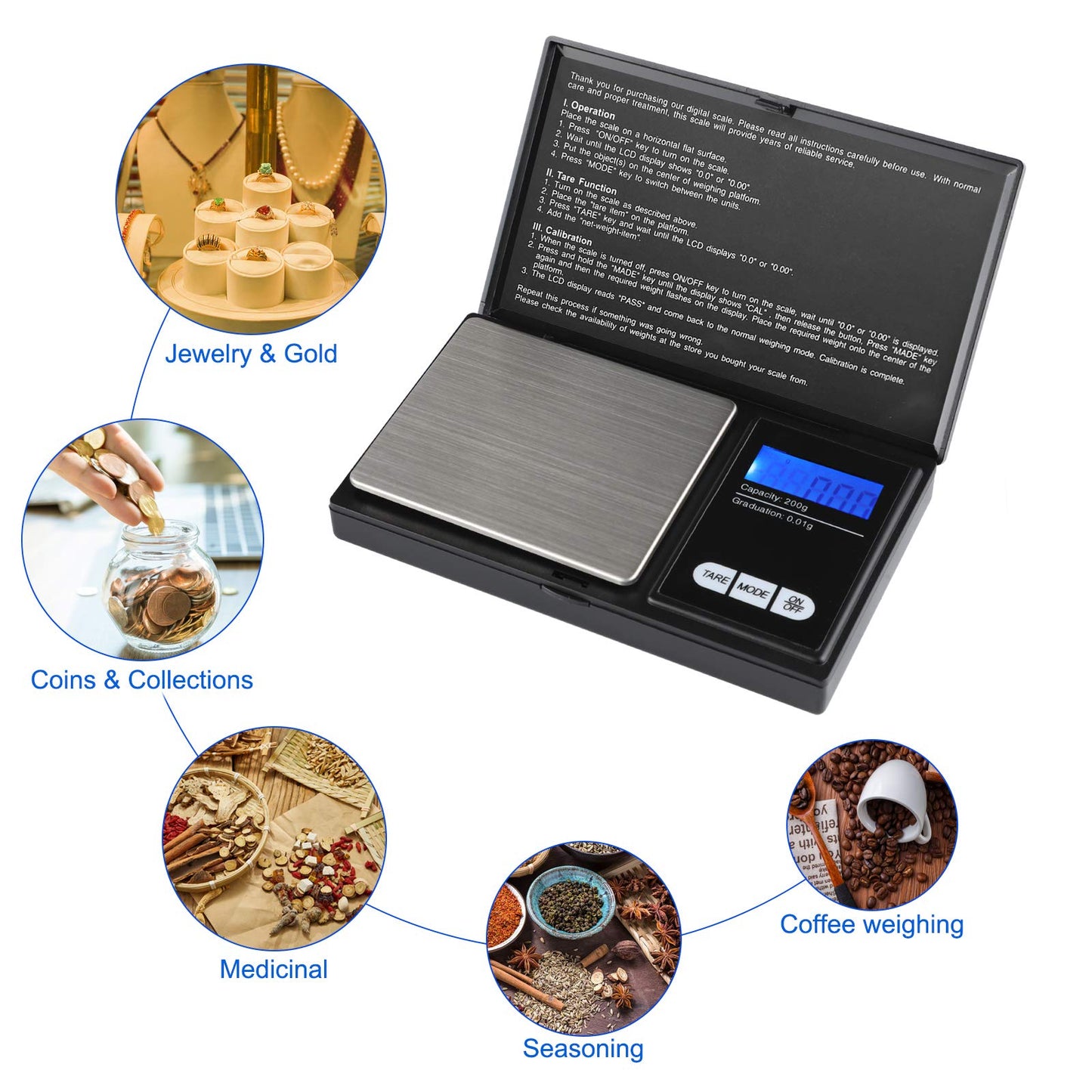 Defurhome 200x0.01g Portable Digital Scales, Digital Weighing Scales with Back-lit LCD Display, Pocket Scales for Gold, Jewellery, Food, Coffee, Herbs, Powder (Batteries Included)