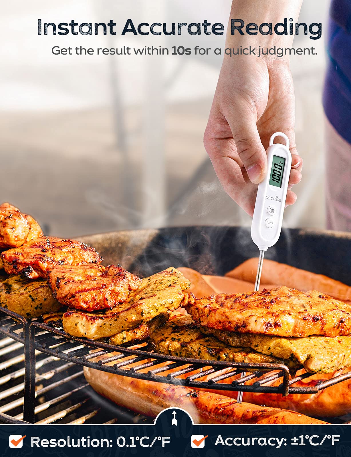 Instant Read Meat Thermometers for Cooking, LCD Display Digital Food Thermometer with 5.5in Long Probe, Cooking Thermometer with Auto Shutdown for Kitchen, Baking, Frying, Grilling, BBQ White