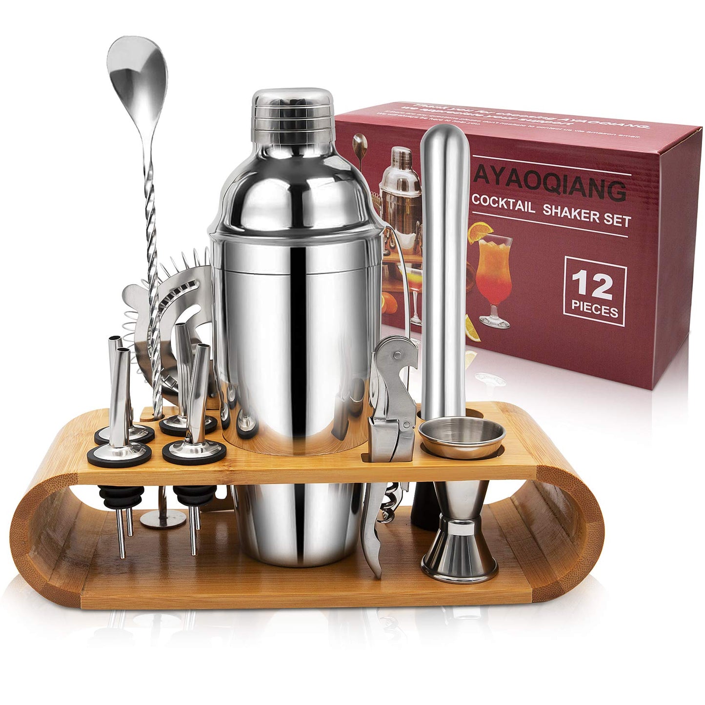 Cocktail Shaker Set,750 ML Stainless Steel Cocktail Mixing Set with Stand,Bartending Kit for Home,Bar,12 Pieces Bar Tool Kit for Christmas,Birthday,Anniversary,Weeding 12 Set