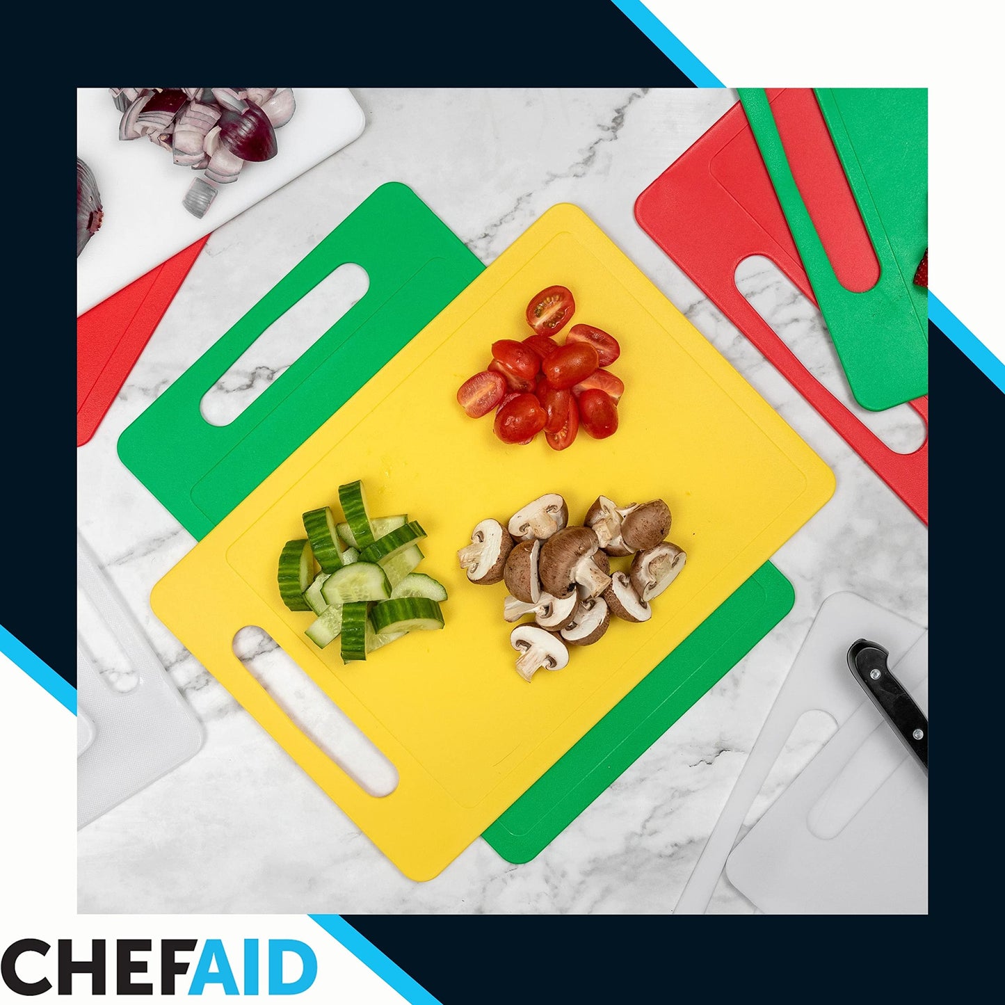 Chef Aid Large Multi-Colour Chopping Board Set, Multipurpose Anti-Slip Surface, Easy to Clean and Dishwasher Safe with Handle, Pack of 4 Cutting Boards Each Measuring 40 x 30cm Multi-pack L